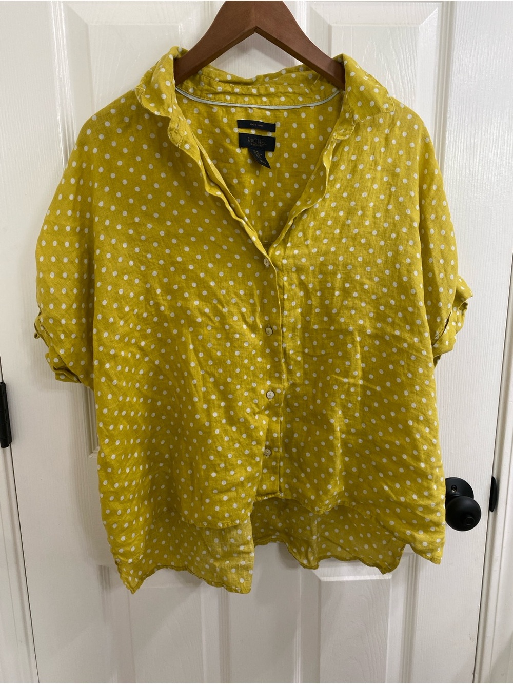 Rachel Roy XL Yellow Polka Dot 100% Linen Button Down Shirt Short Sleeve Top